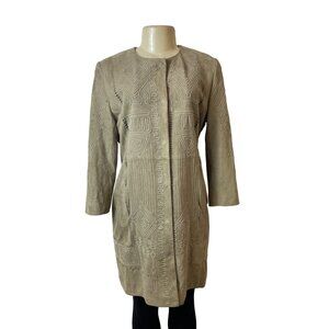 Elie Tahari Women's Brown Suede Leather Tribal Design Long Sleeve Coat Sz M